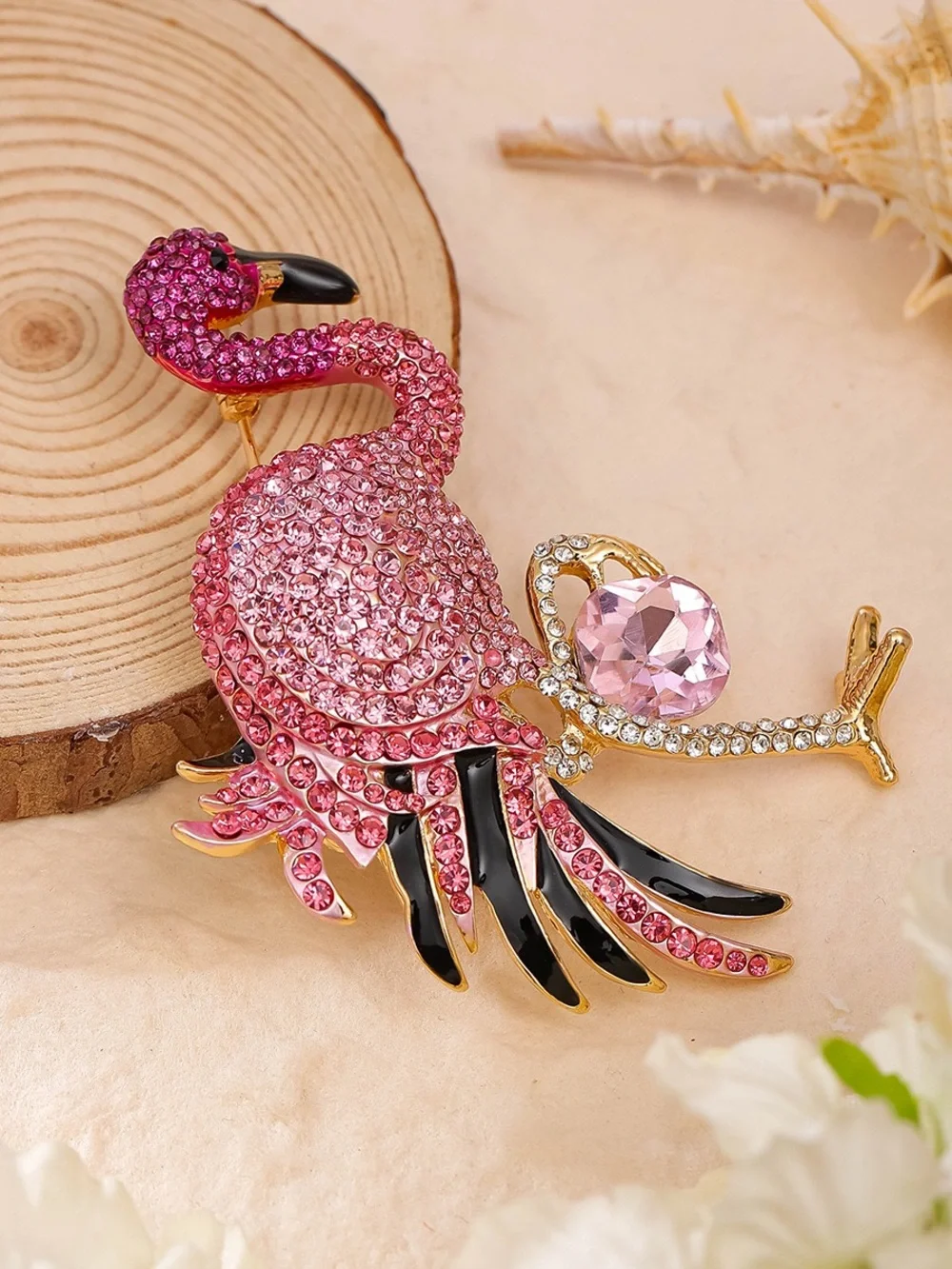 Pink Flamingo Brooch Pin – Rhinestone Crystal Tropical Bird Statement Jewelryy